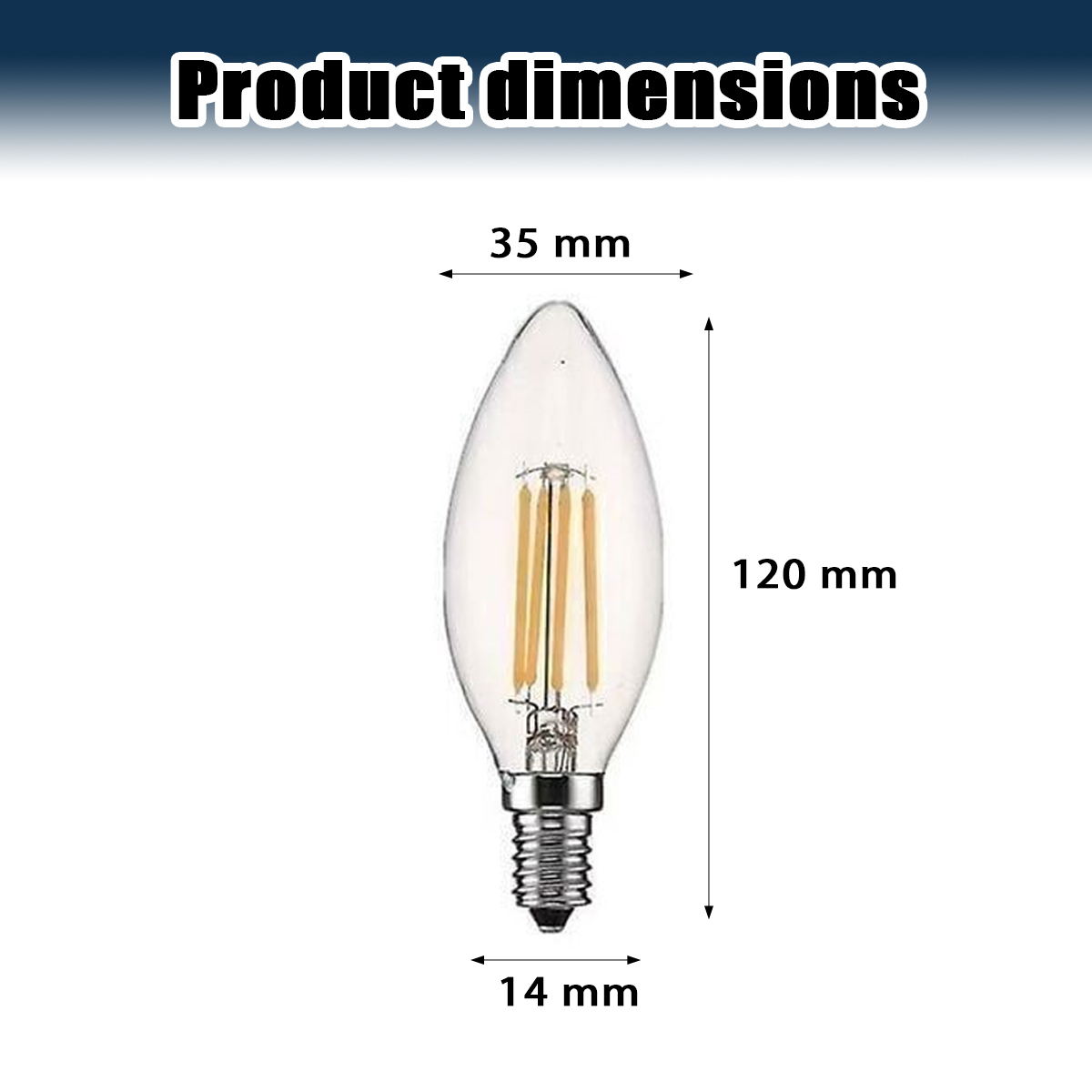 Produktabmessungen einer LED-Kerzenlampe mit 35 mm Breite, 120 mm Höhe und einer 14 mm Schraubfassung.