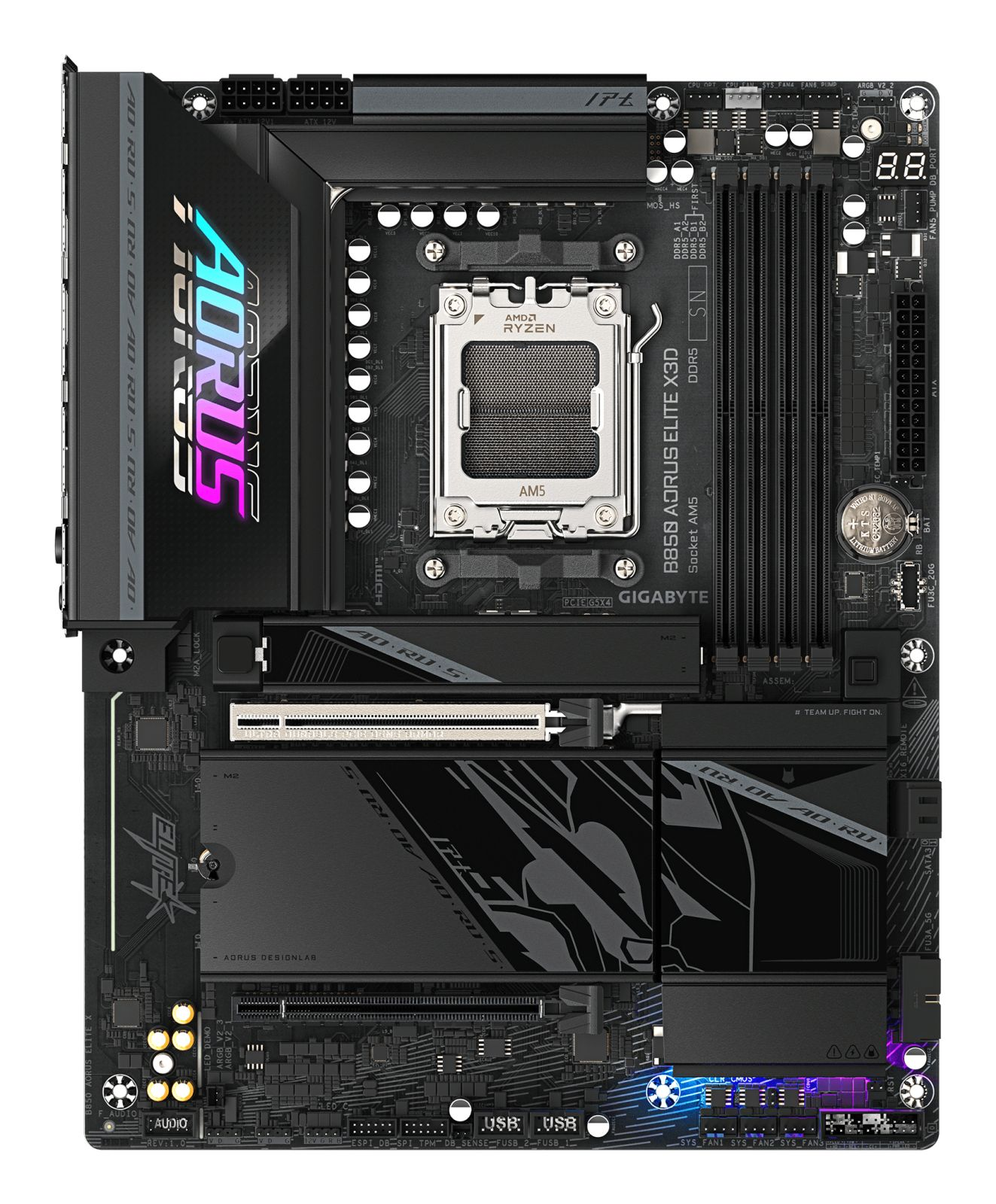 Scheda madre nera Gigabyte B850 AORUS ELITE X3D con socket AM5, slot RAM e logo Aorus colorato.