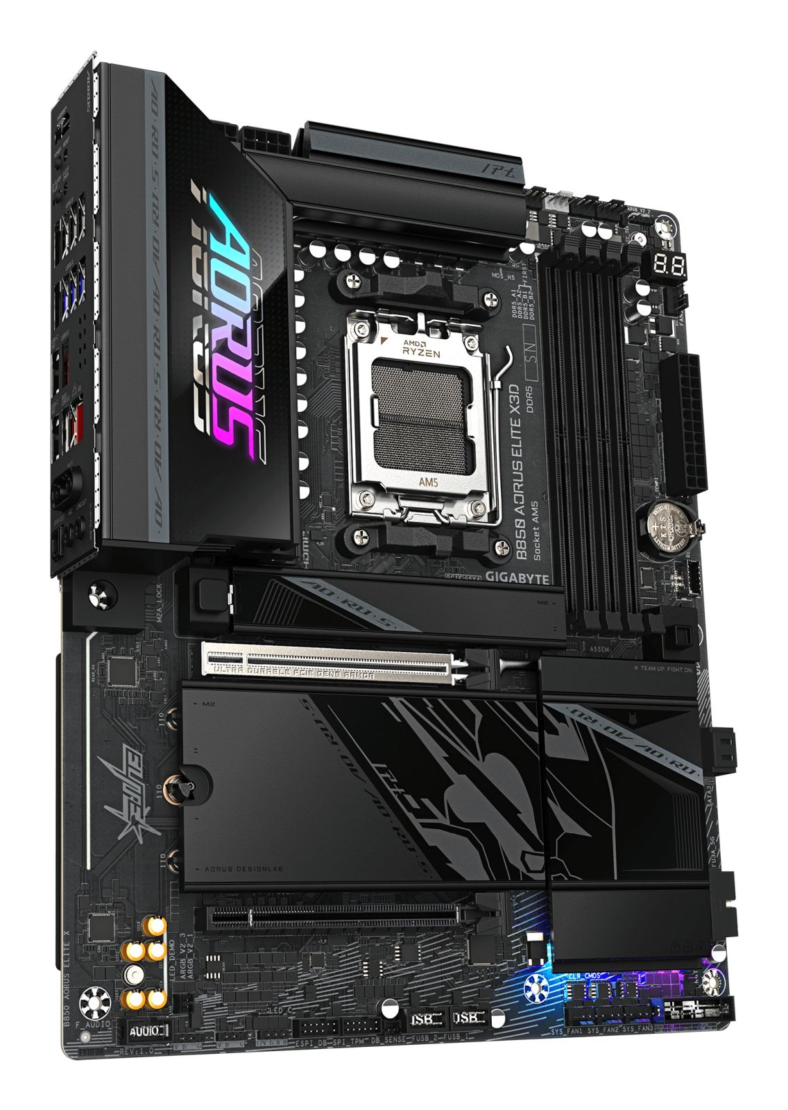 Una scheda madre nera GIGABYTE B650 AORUS ELITE X3D con illuminazione RGB su sfondo bianco.