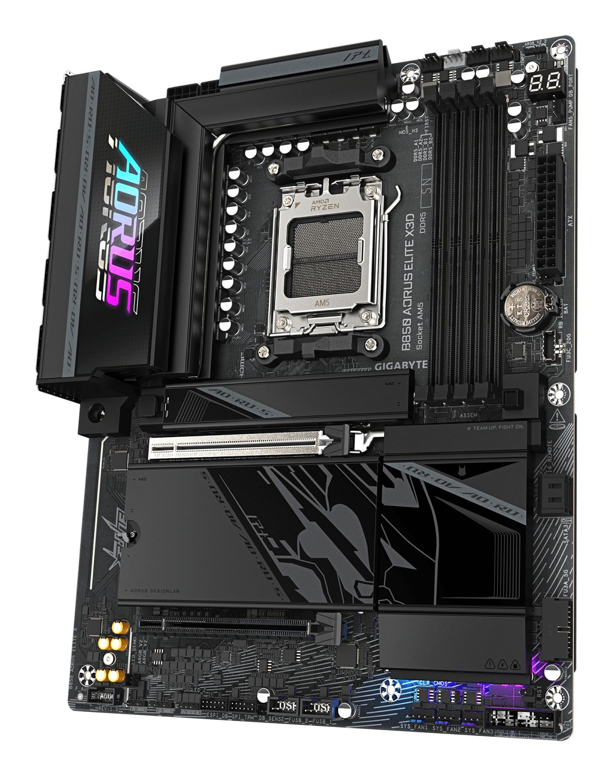 Una scheda madre AMD AM5 nera con dissipatori, slot RAM e logo Aorus illuminato.