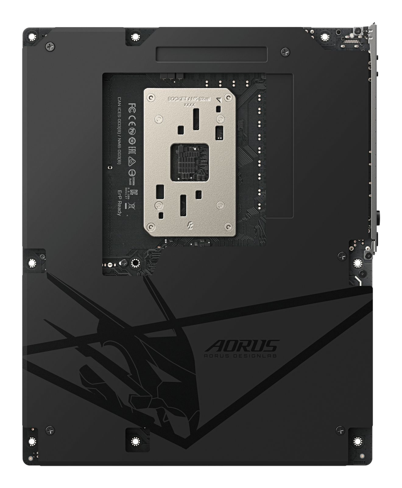 Retro di una scheda madre Aorus nera con staffa socket CPU argentata e logo.