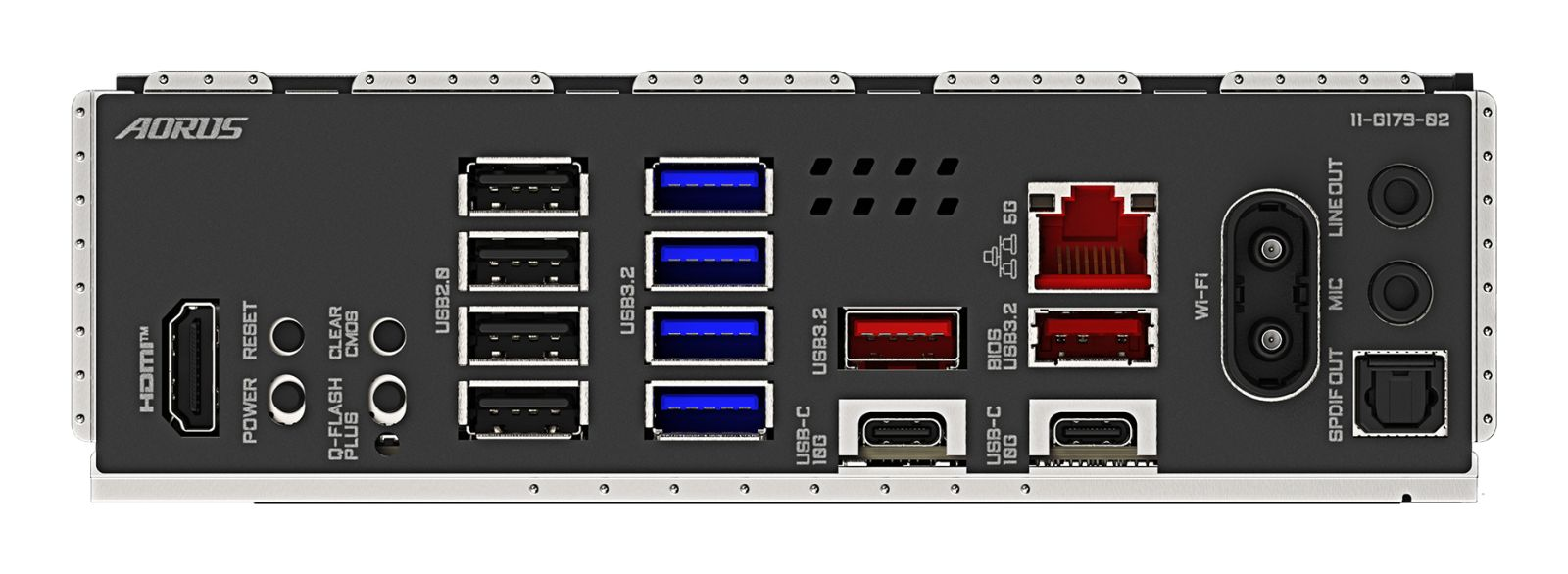 Pannello I/O posteriore di una scheda madre Aorus con porte USB, HDMI, LAN e audio.