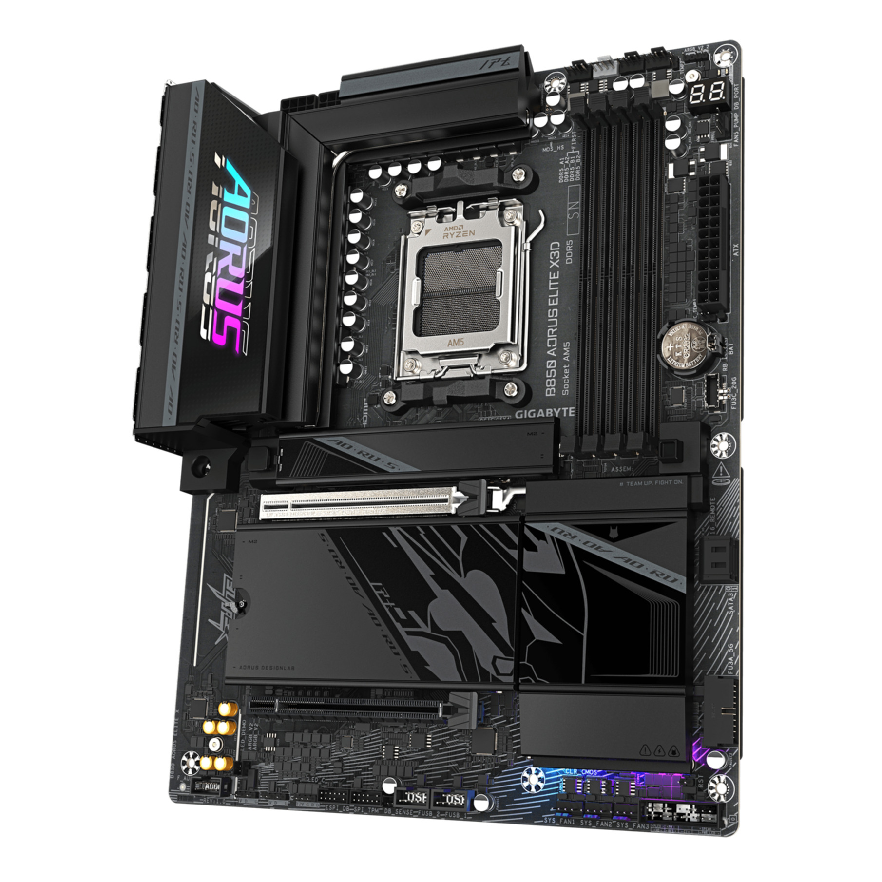 Scheda madre nera Gigabyte B650 Aorus Elite X3D con illuminazione RGB e socket AM5.