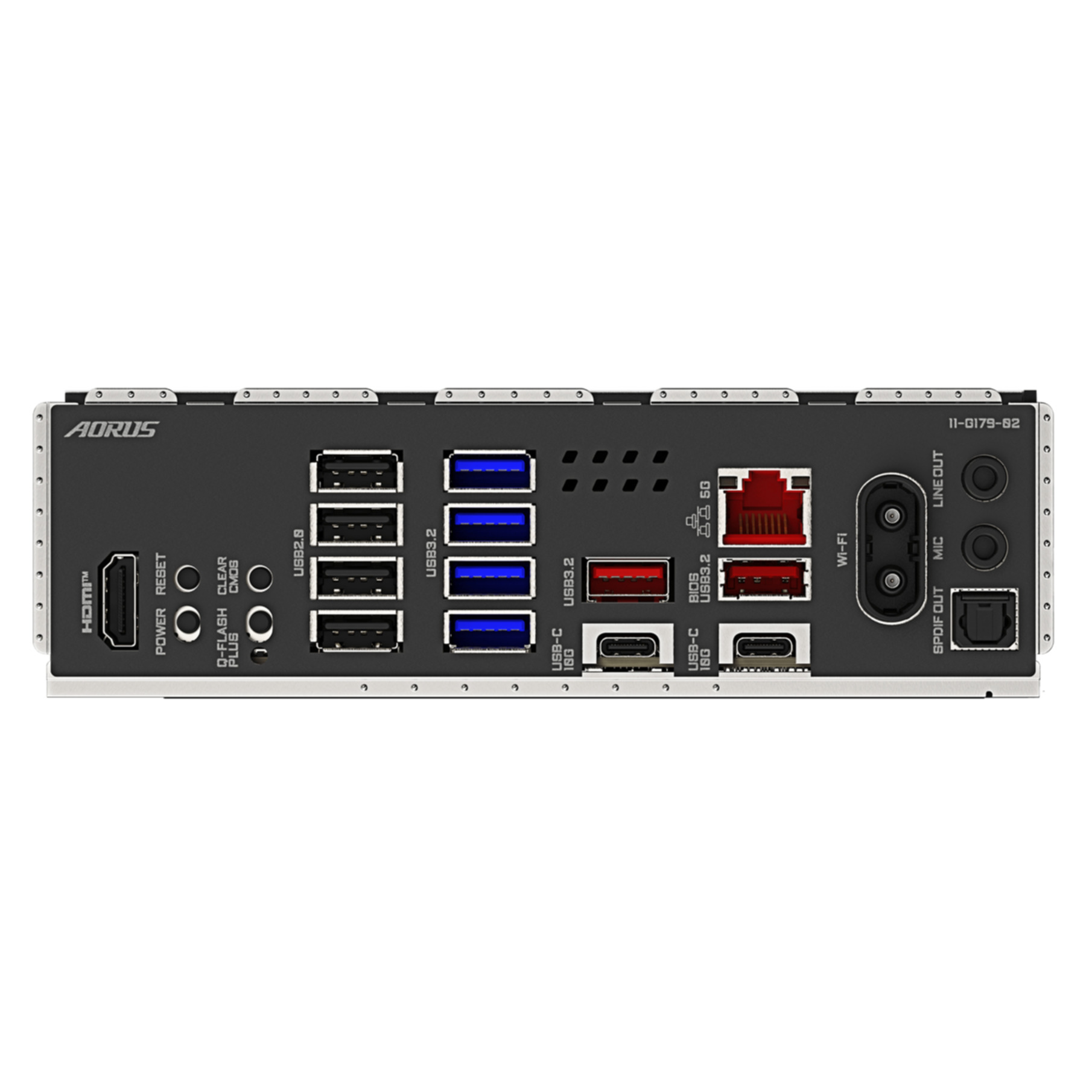 Pannello I/O posteriore di una scheda madre Aorus con porte USB, HDMI, LAN e audio.