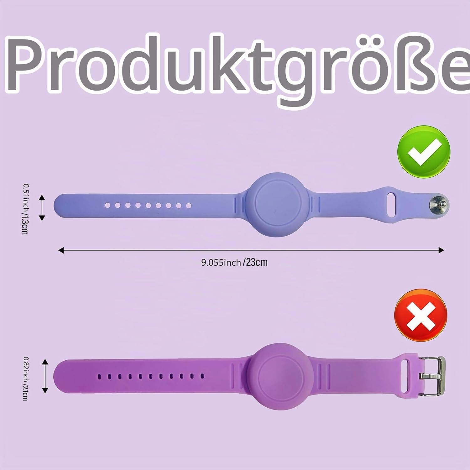 Lila Silikonarmband mit Abmessungen von 23 cm Länge und 1,3 cm Breite, mit Richtig- und Falsch-Symbolen.