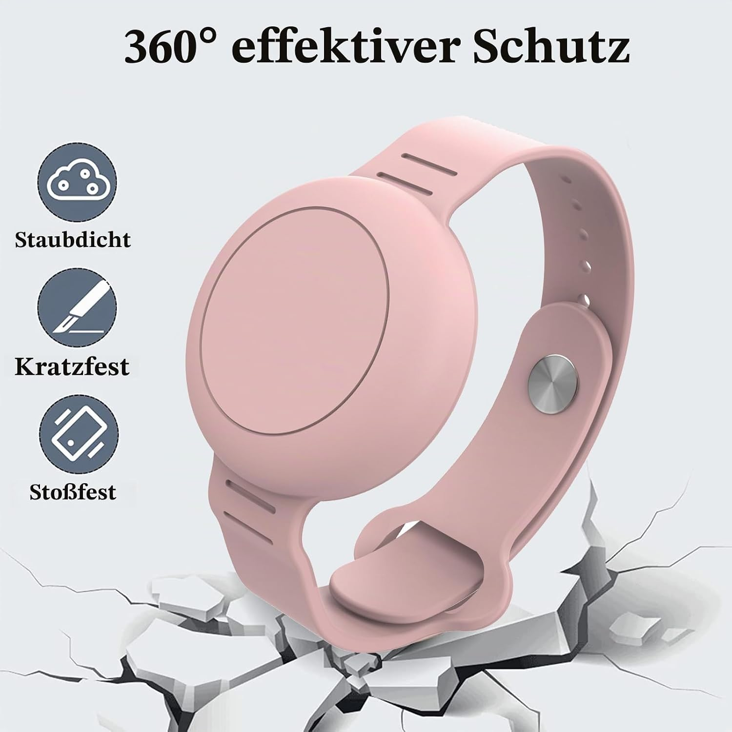Rosa Silikonarmband mit Schutzfunktionen gegen Staub, Kratzer und Stoß.