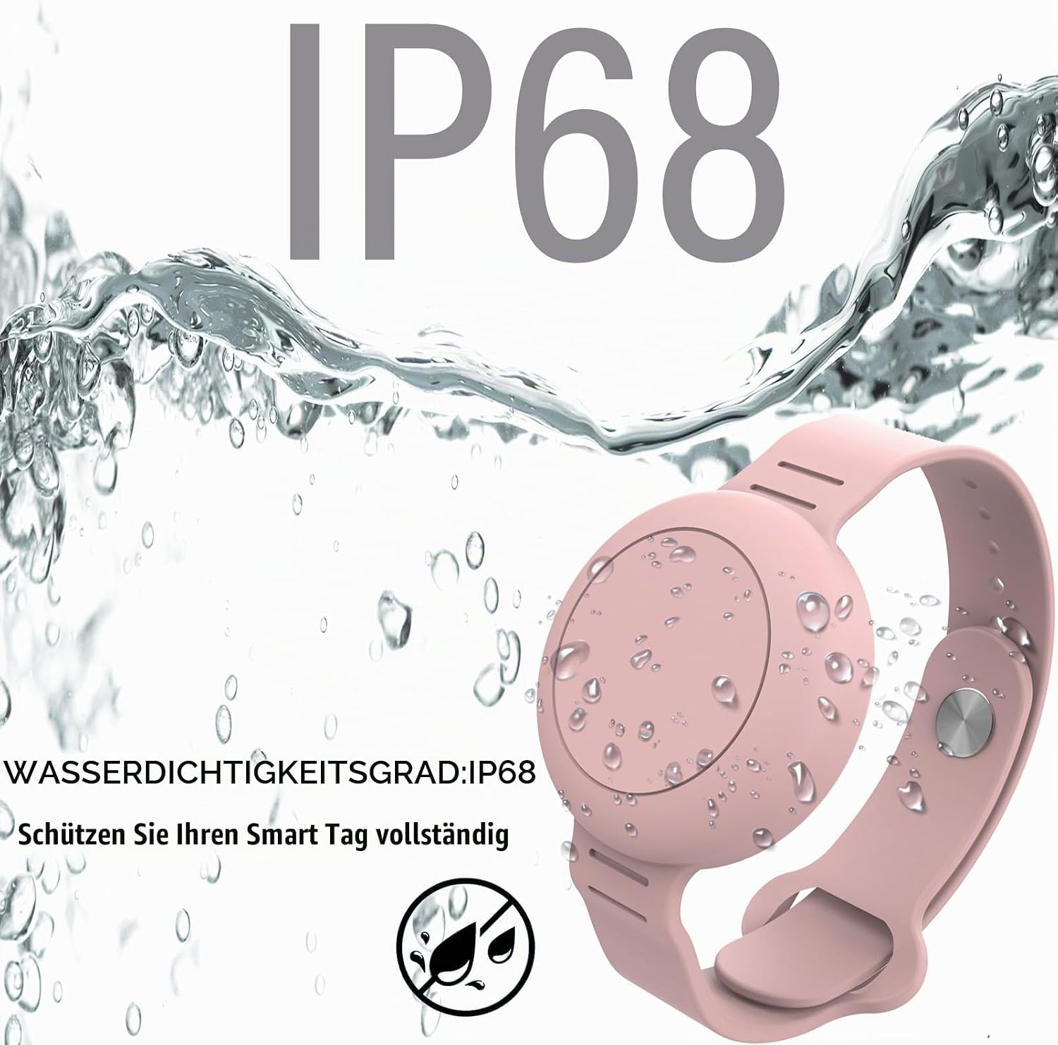 Wasserdichter IP68 Smart Tag in Rosa mit Wassertropfen und Text.