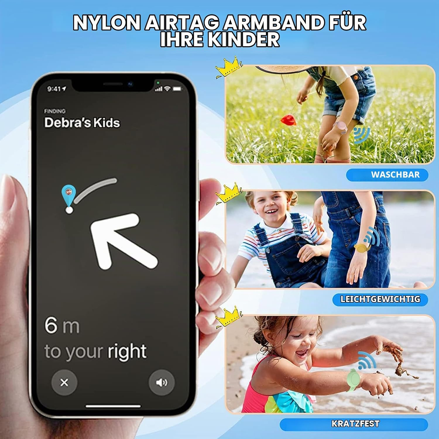 Smartphone zeigt Kinders-Ortungs-App, rechts tragen Kinder Nylon-Armbänder mit AirTag in der Natur.