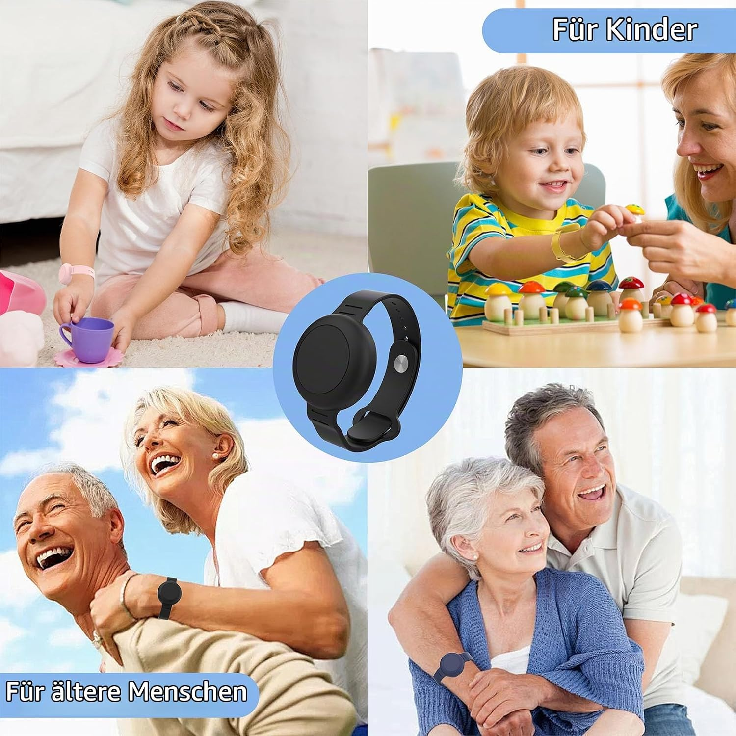 Collage zeigt Kinder und Senioren mit einem GPS-Tracker am Handgelenk in verschiedenen Szenen.