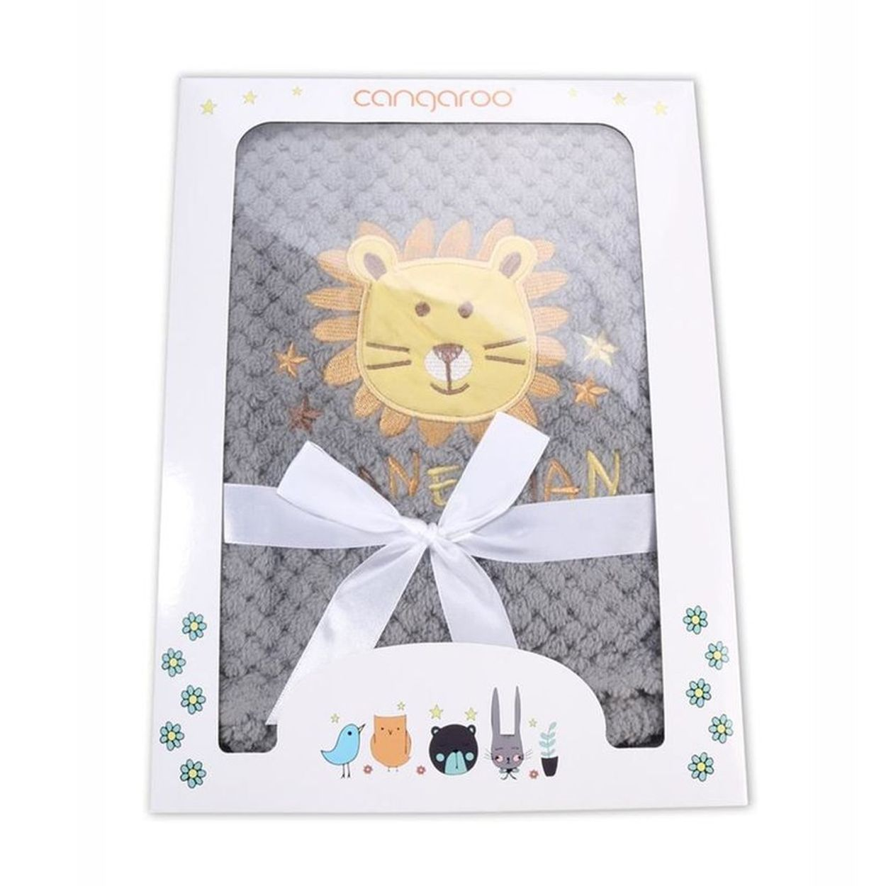 Graue Babydecke mit Löwenmotiv in Geschenkbox mit weißer Schleife.