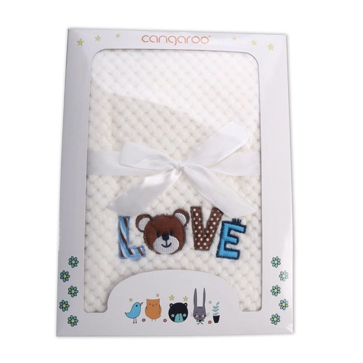 Weiße Babydecke mit Schleife und Aufschrift LOVE mit Bärchen in einer Cangaroo-Verpackung.