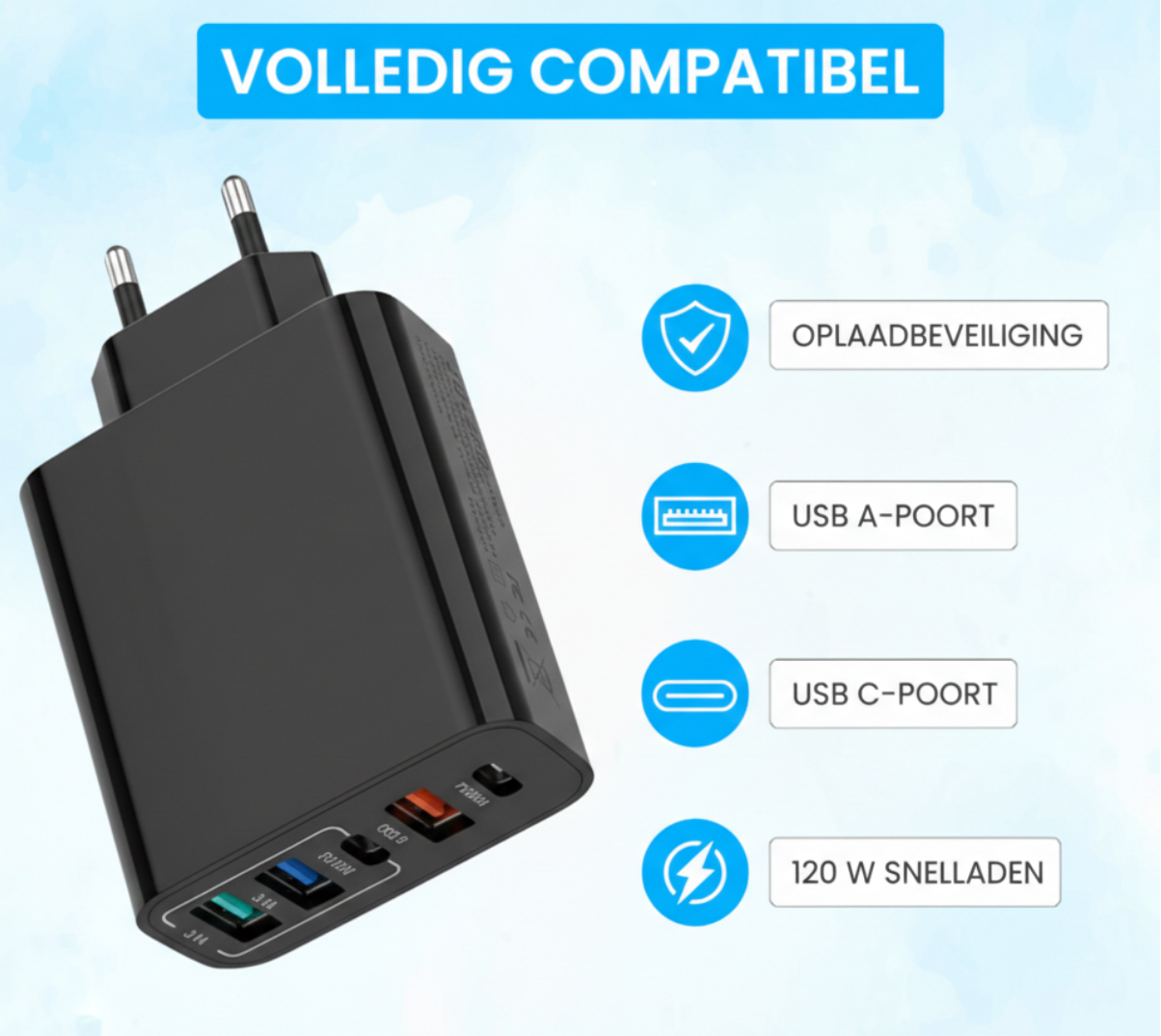 Black multi-port charger with four ports and safety features against a blue background.