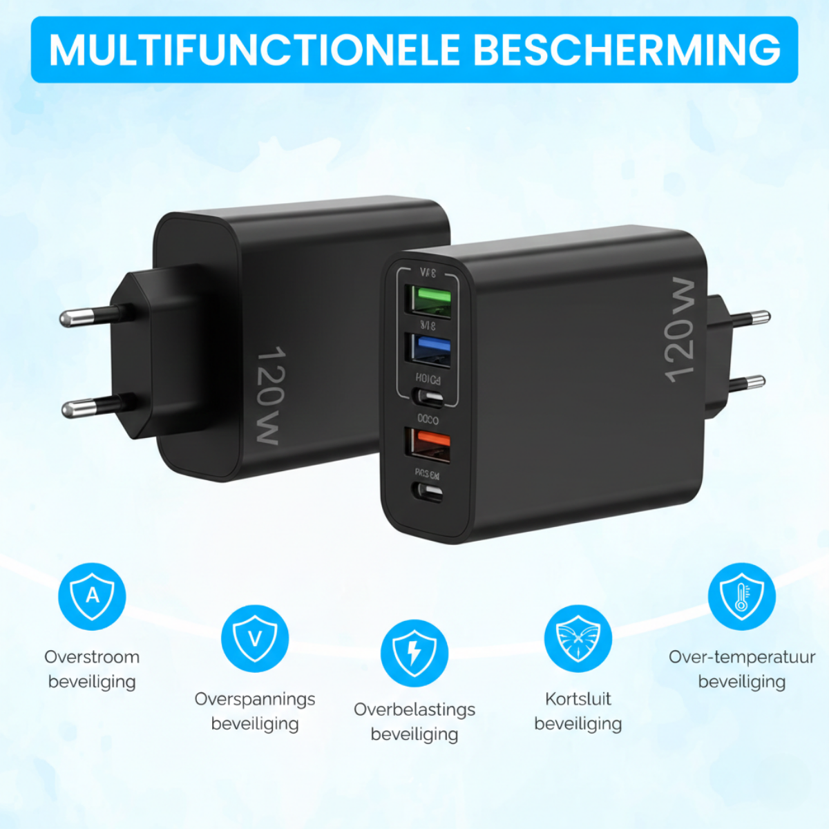 Two black 120W USB chargers with various safety features against a blue background.