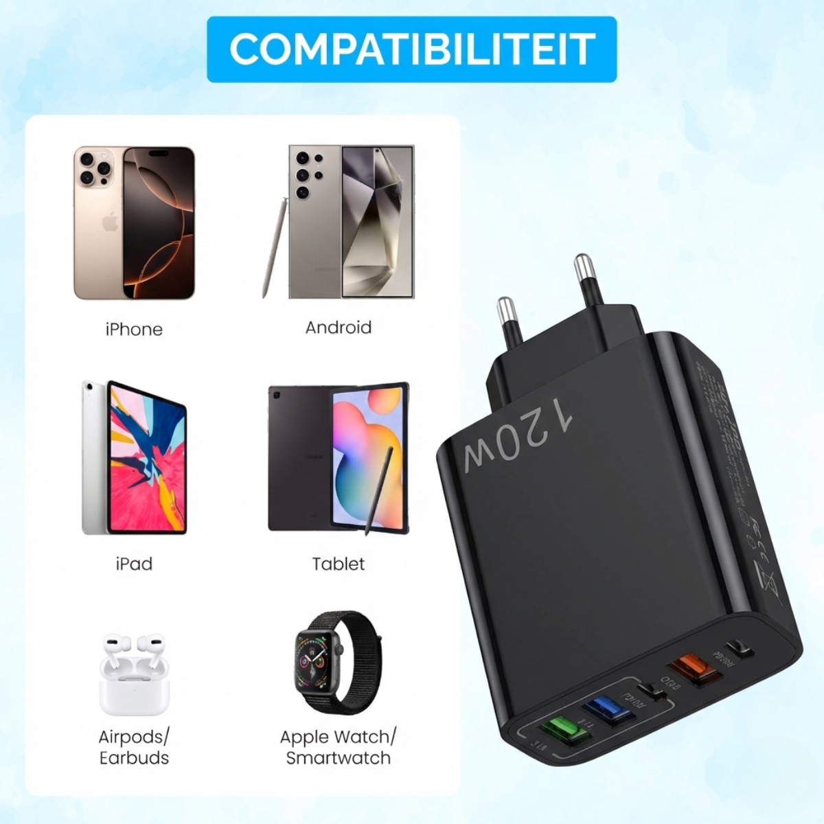 A black 120W wall charger next to icons showing compatibility with phones, tablets, earbuds, and smartwatches.