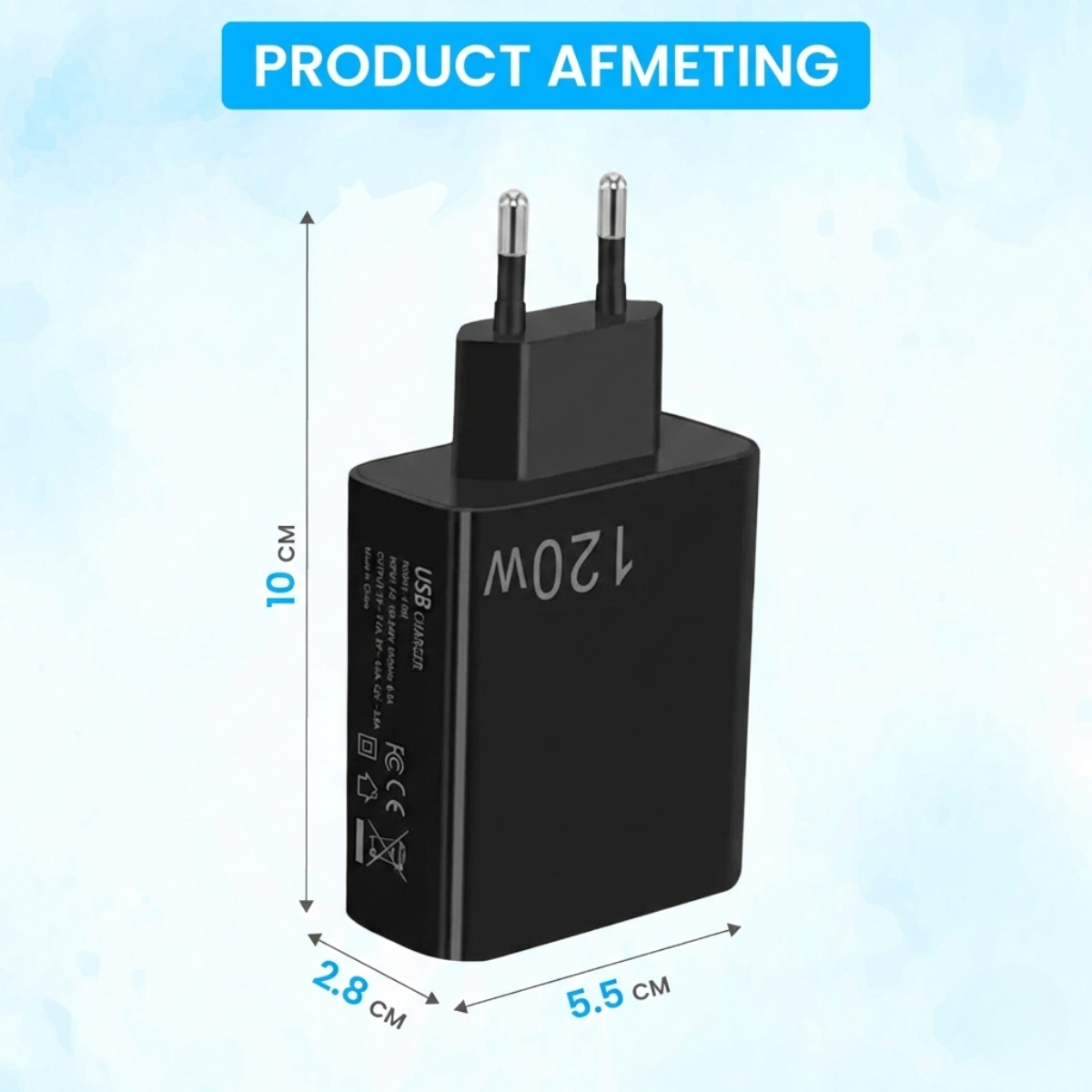Black 120W USB wall charger with dimensions of 10 cm height, 5.5 cm width, and 2.8 cm depth on a light blue background.
