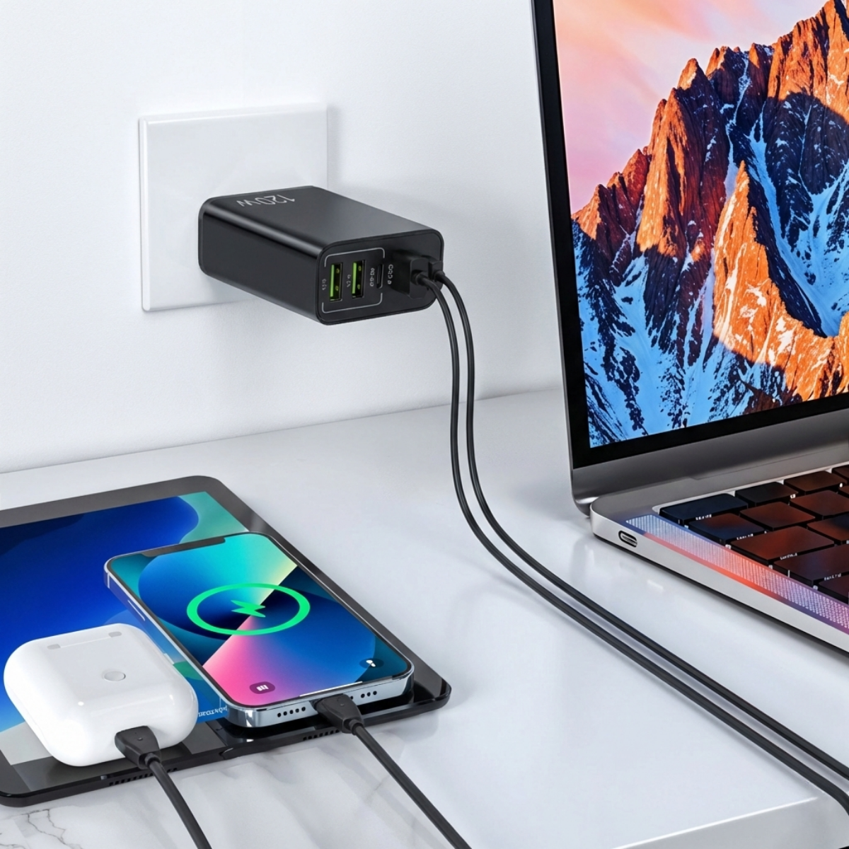 A black 120W charger plugged in wall, connected to a laptop, tablet, smartphone, and earbuds.