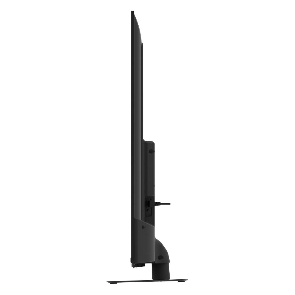 Vista laterale di una sottile televisione nera con supporto su sfondo bianco.