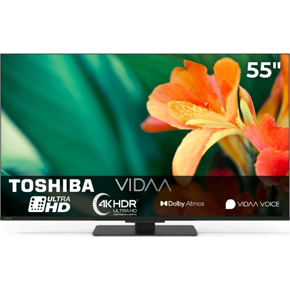 Una TV Toshiba da 55 pollici mostra un fiore arancione su sfondo verde, con loghi in basso.