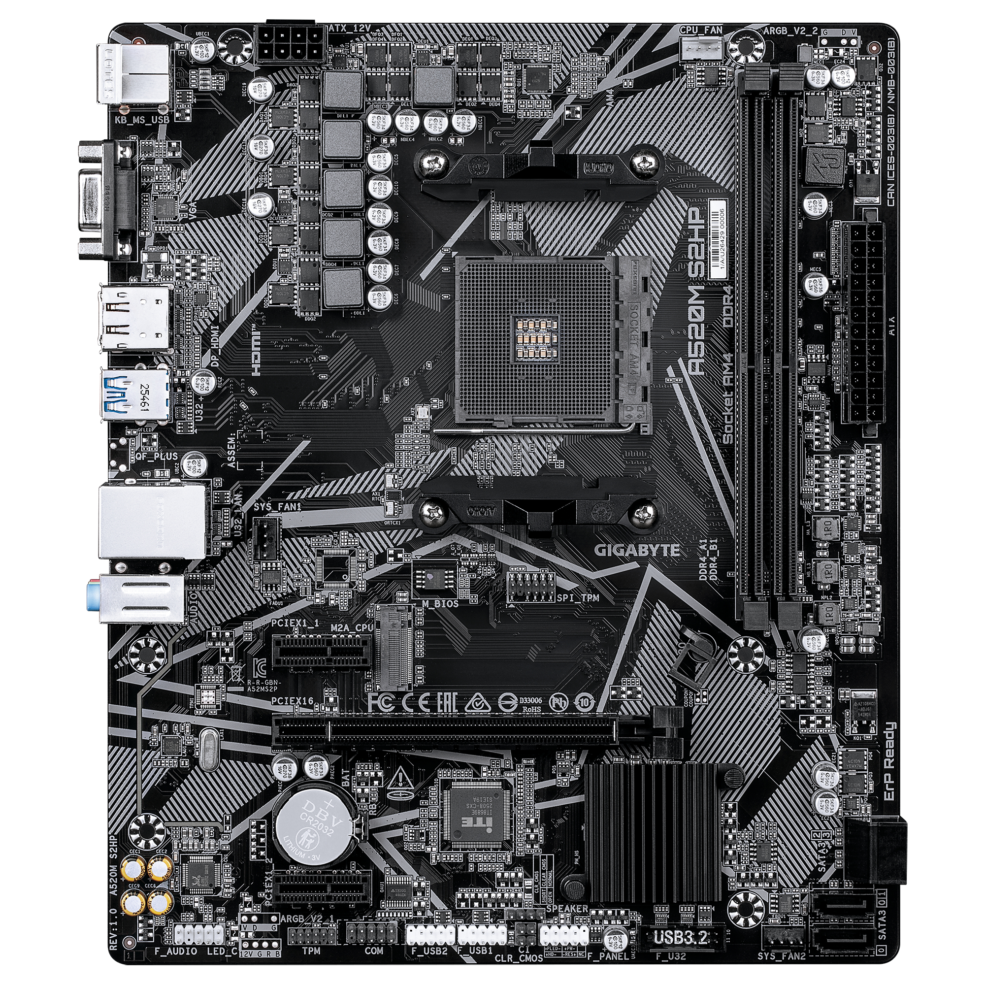 Ein schwarzes Gigabyte A520M S2HP Motherboard mit CPU-Sockel, RAM-Steckplätzen und verschiedenen Anschlüssen.