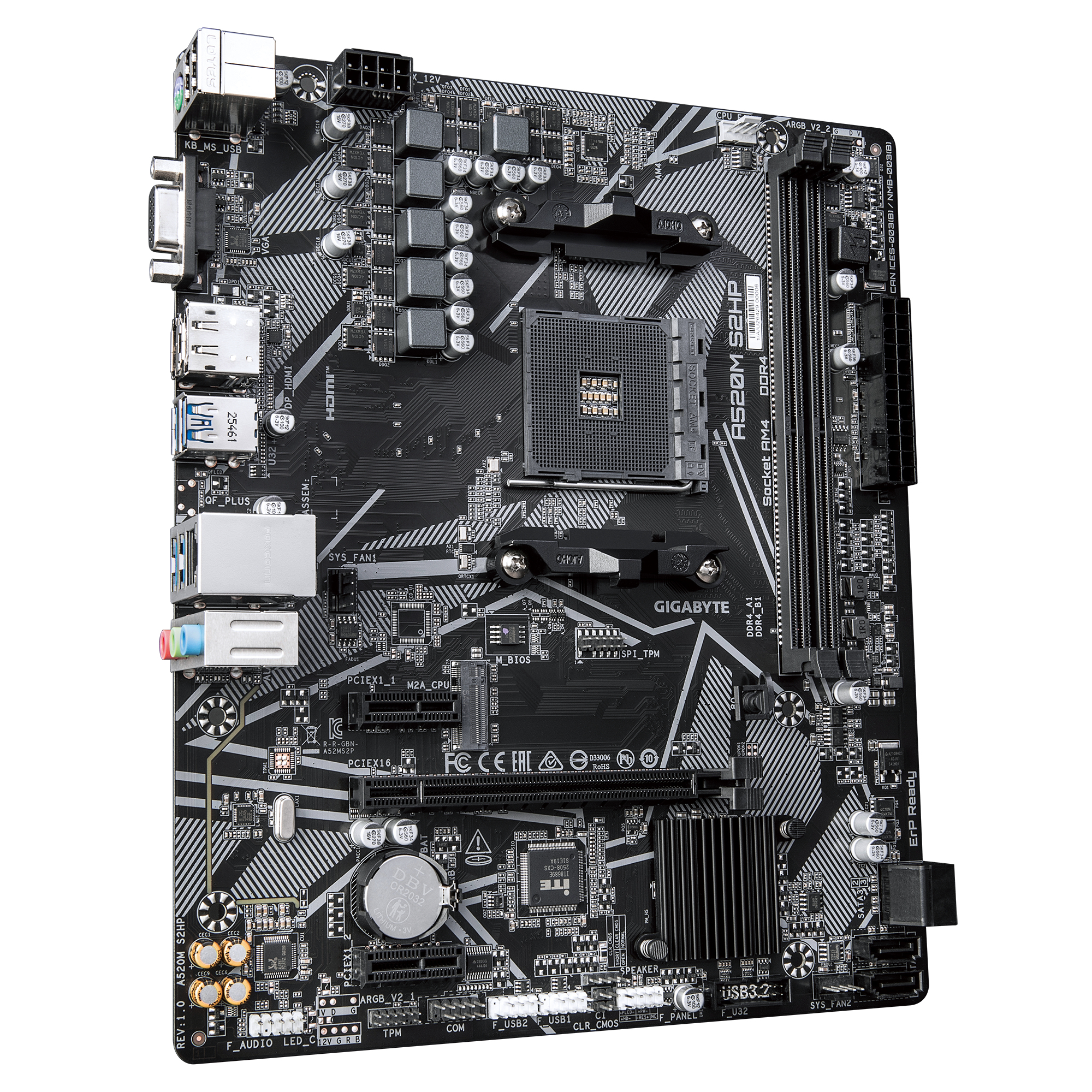 Schwarzes Gigabyte A520M S2HP Motherboard mit CPU-Sockel, RAM-Steckplätzen und verschiedenen Anschlüssen.