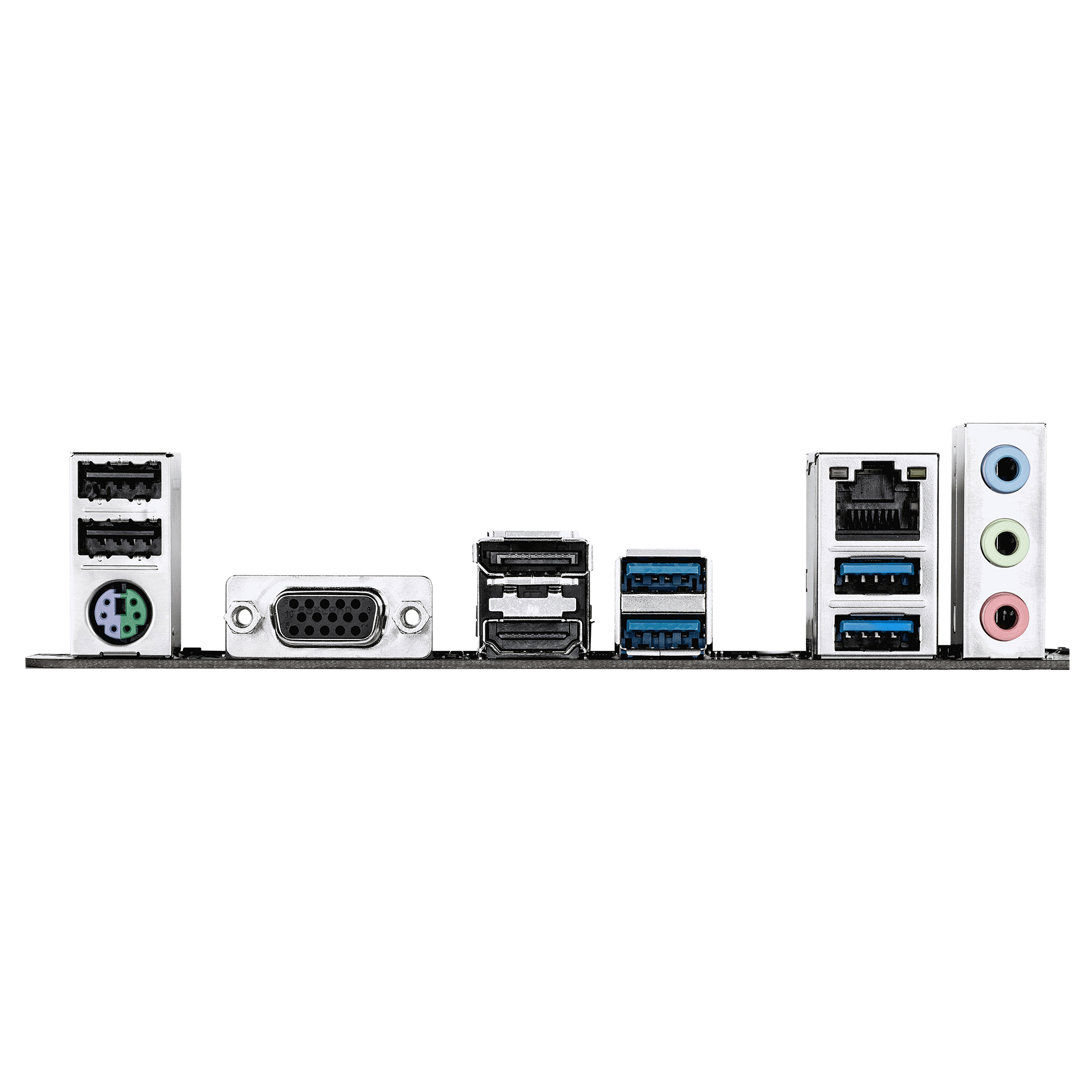 Rückseite eines Motherboards mit USB-, VGA-, DisplayPort-, HDMI-, Ethernet- und Audio-Anschlüssen.