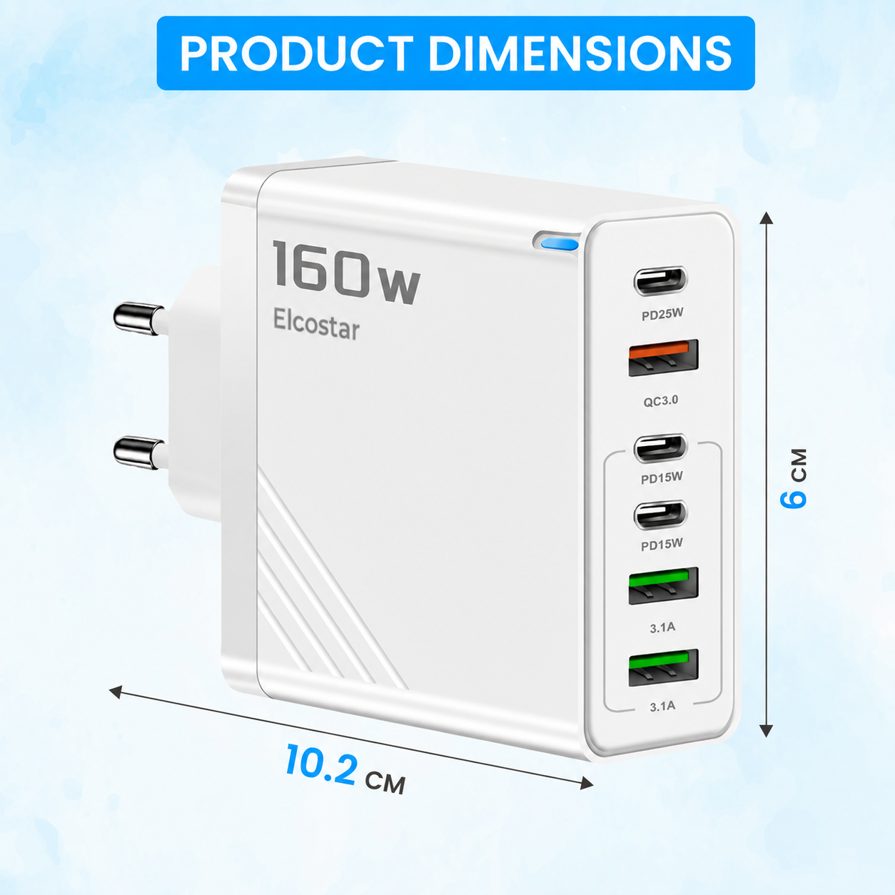 Chargeur mural multi-port Elcostar blanc de 160W avec des dimensions de 10,2 cm par 6 cm sur fond bleu.
