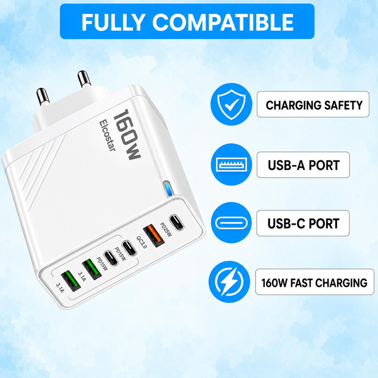 Chargeur multiport blanc Elcostar 160W avec ports USB-A et USB-C sur fond bleu.