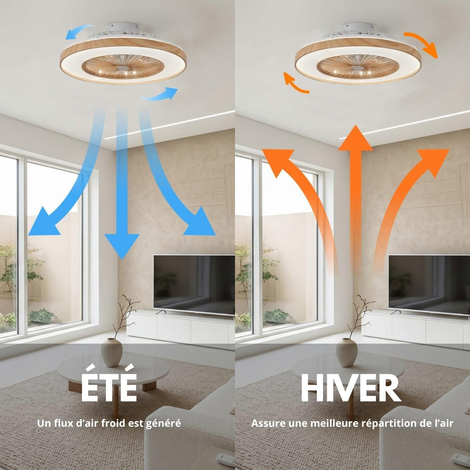 Deckenventilator in einem Raum zeigt Sommer- und Winterbetrieb mit Luftstrompfeilen.