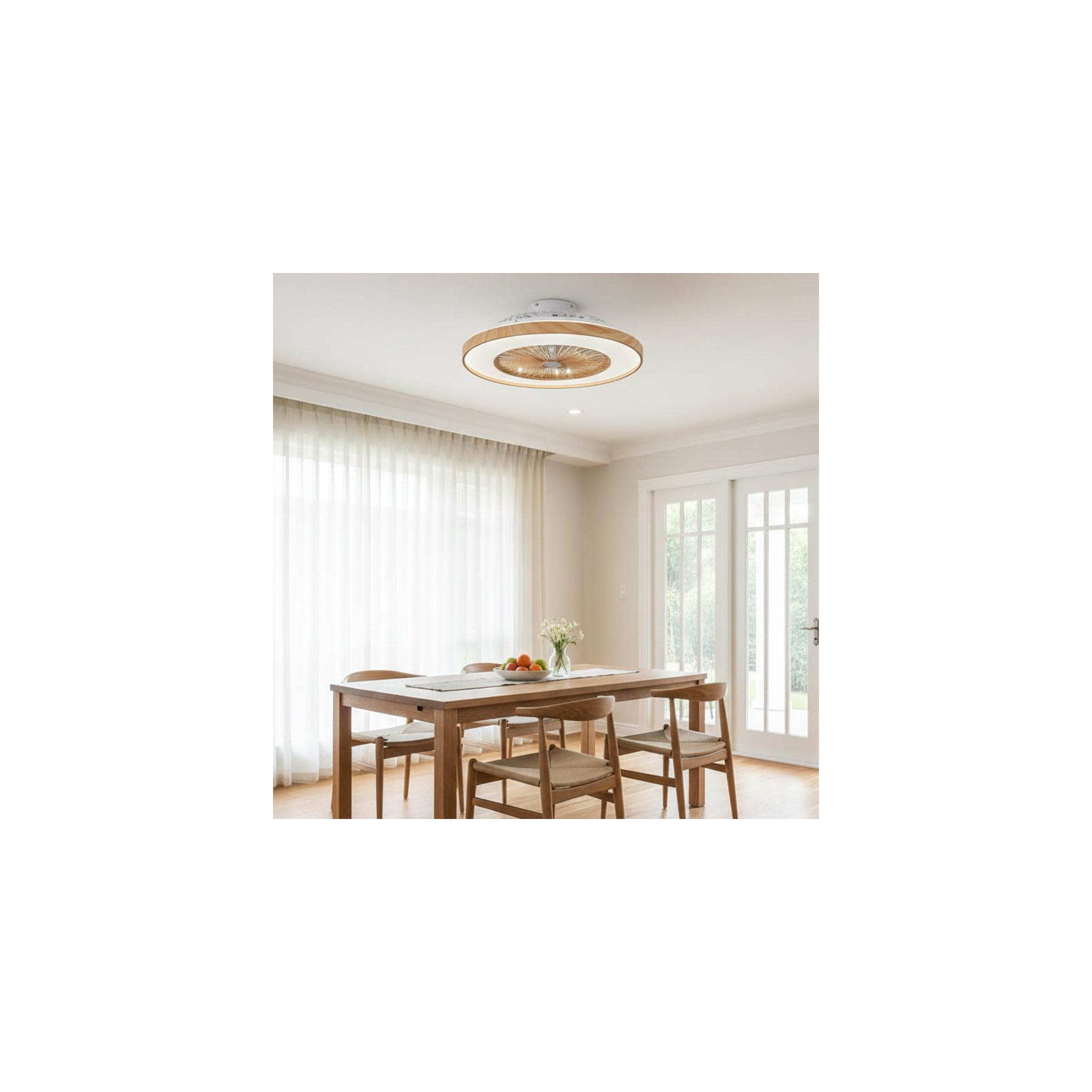 Moderne Deckenleuchte mit Holzrahmen in einem hellen, eleganten Esszimmer.