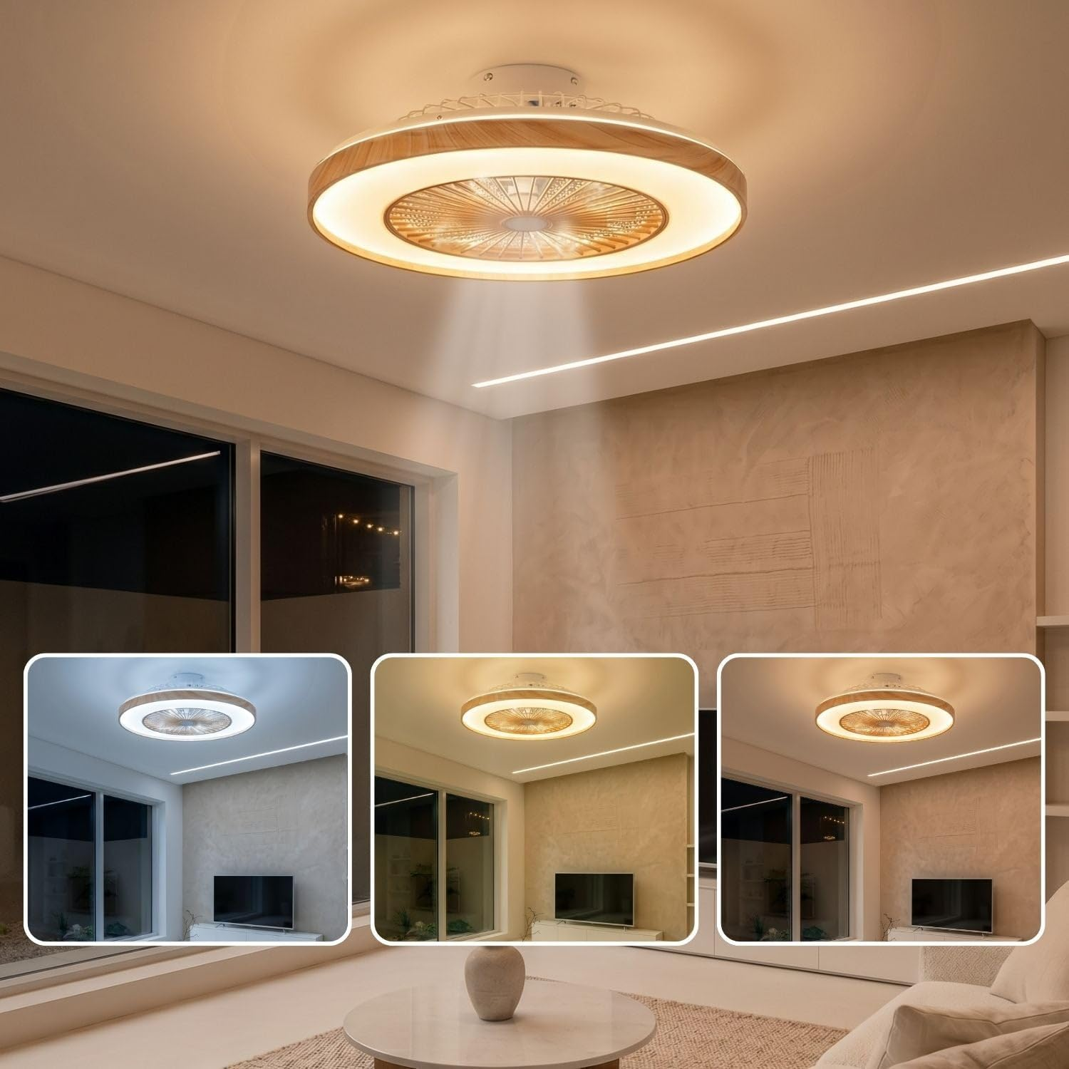 Moderne Deckenventilatorlampe mit Holzrand in einem Wohnzimmer, mit drei Beleuchtungsmodi.