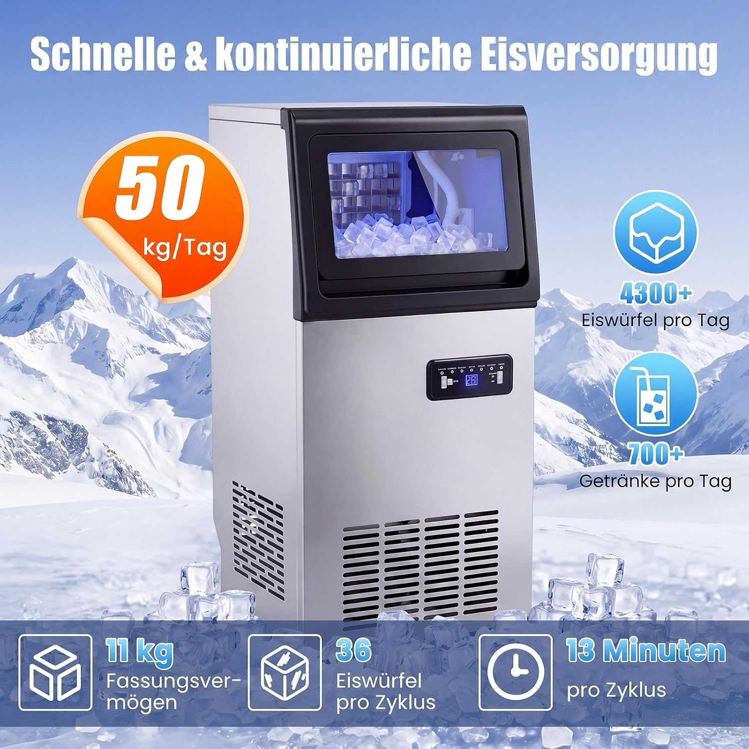 Silberner Eismaschinenautomat vor einer verschneiten Berglandschaft mit technischen Produktdetails.