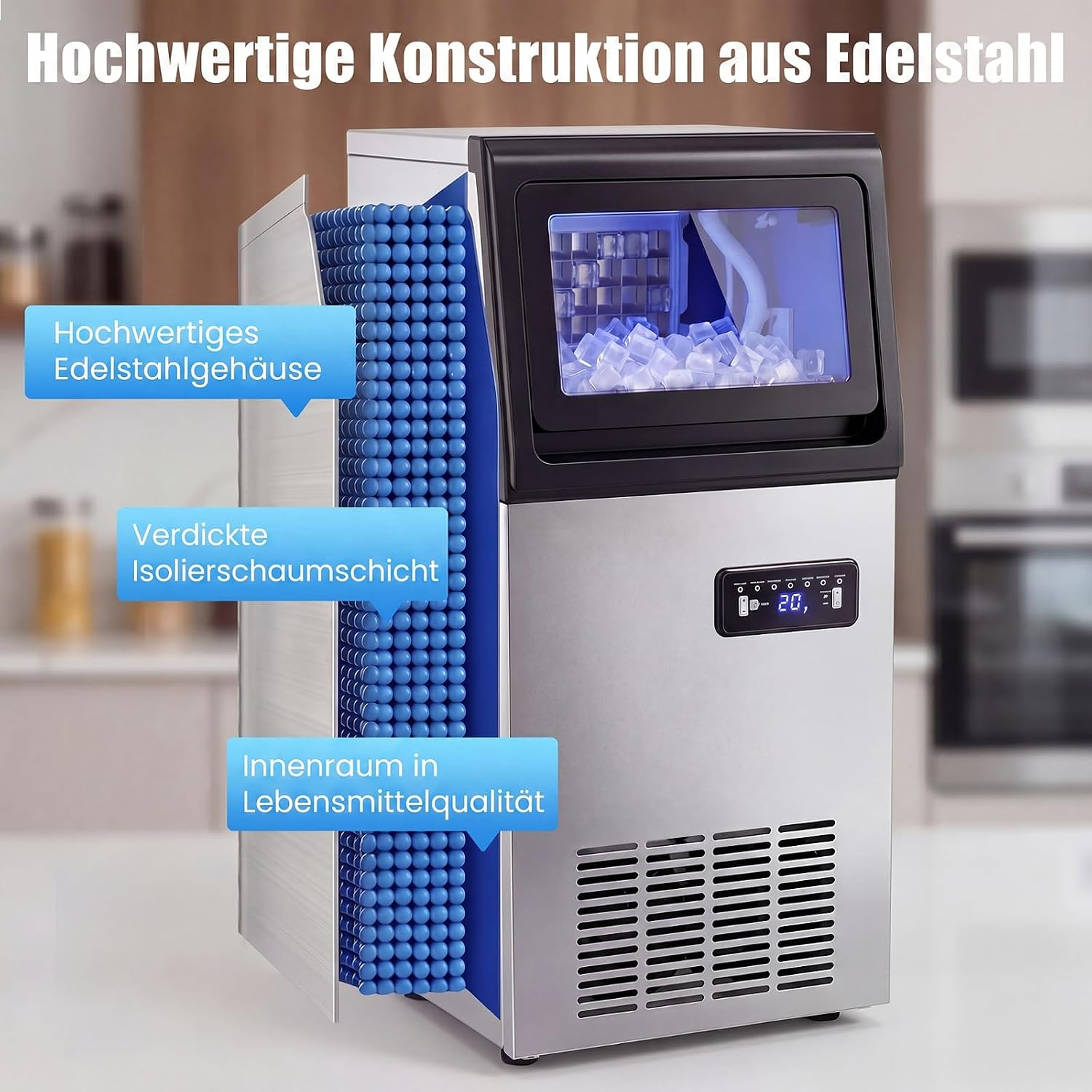 Diagramm einer Edelstahl-Eiswürfelmaschine mit blauer Isolierung, Sichtfenster und Funktionsanzeige.