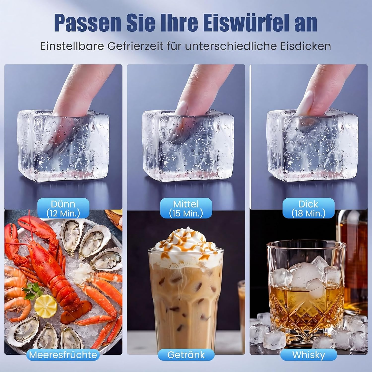Eiswürfel mit einstellbarer Dicke für Meeresfrüchte, Getränke und Whisky.