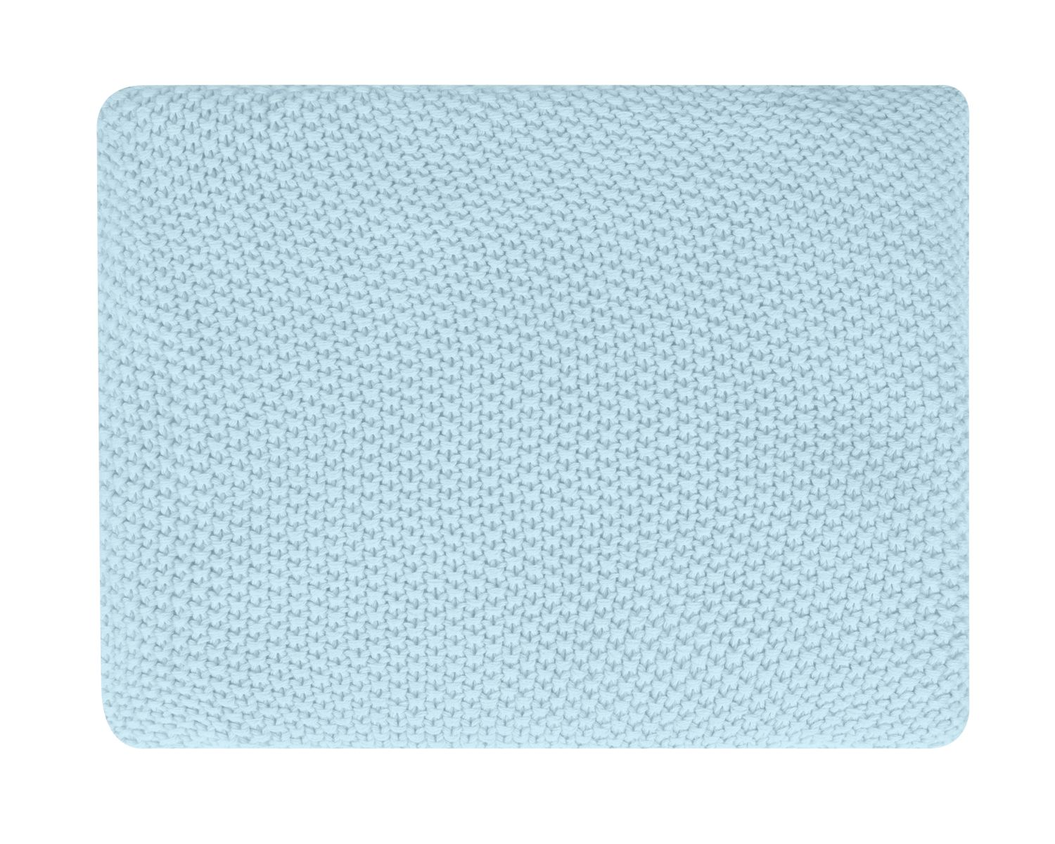 Eine hellblaue, quadratische Decke mit feiner Strickmustertextur.