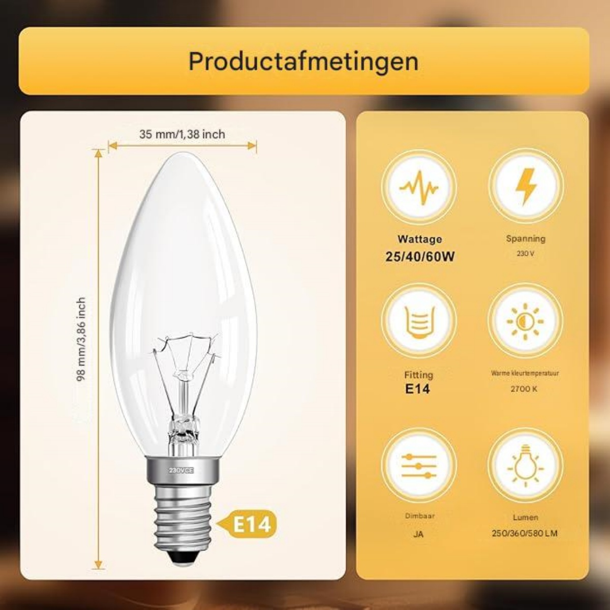 Produktabmessungen und technische Daten einer E14 Kerzenlampe mit Wattage und Spannung.