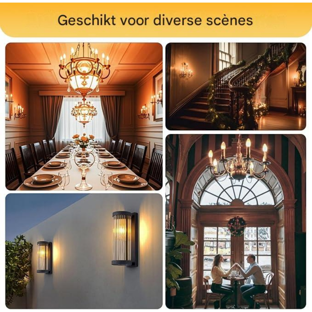 Collage aus vier Innenszenen mit Esszimmer, Treppe mit Girlande, Wandleuchten und Paar im Café.
