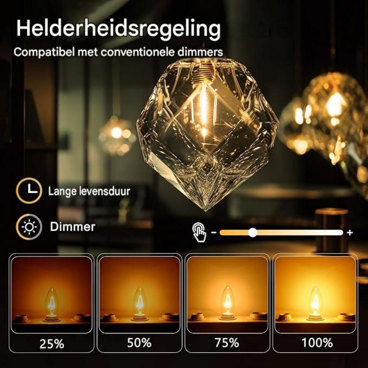 Facettenreiche LED-Lampe mit Dimmer-Funktion von 25% bis 100% Helligkeit.