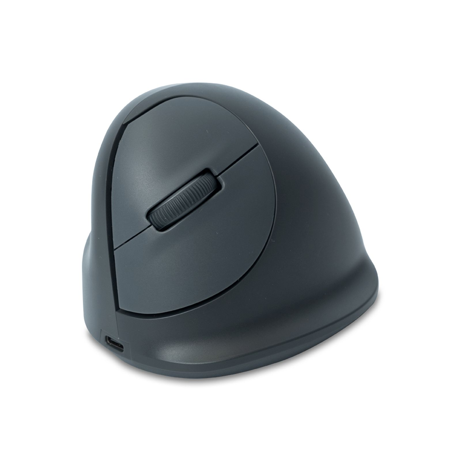 Eine graue ergonomische Vertikalmaus mit Scrollrad und USB-C-Anschluss vor weißem Hintergrund.