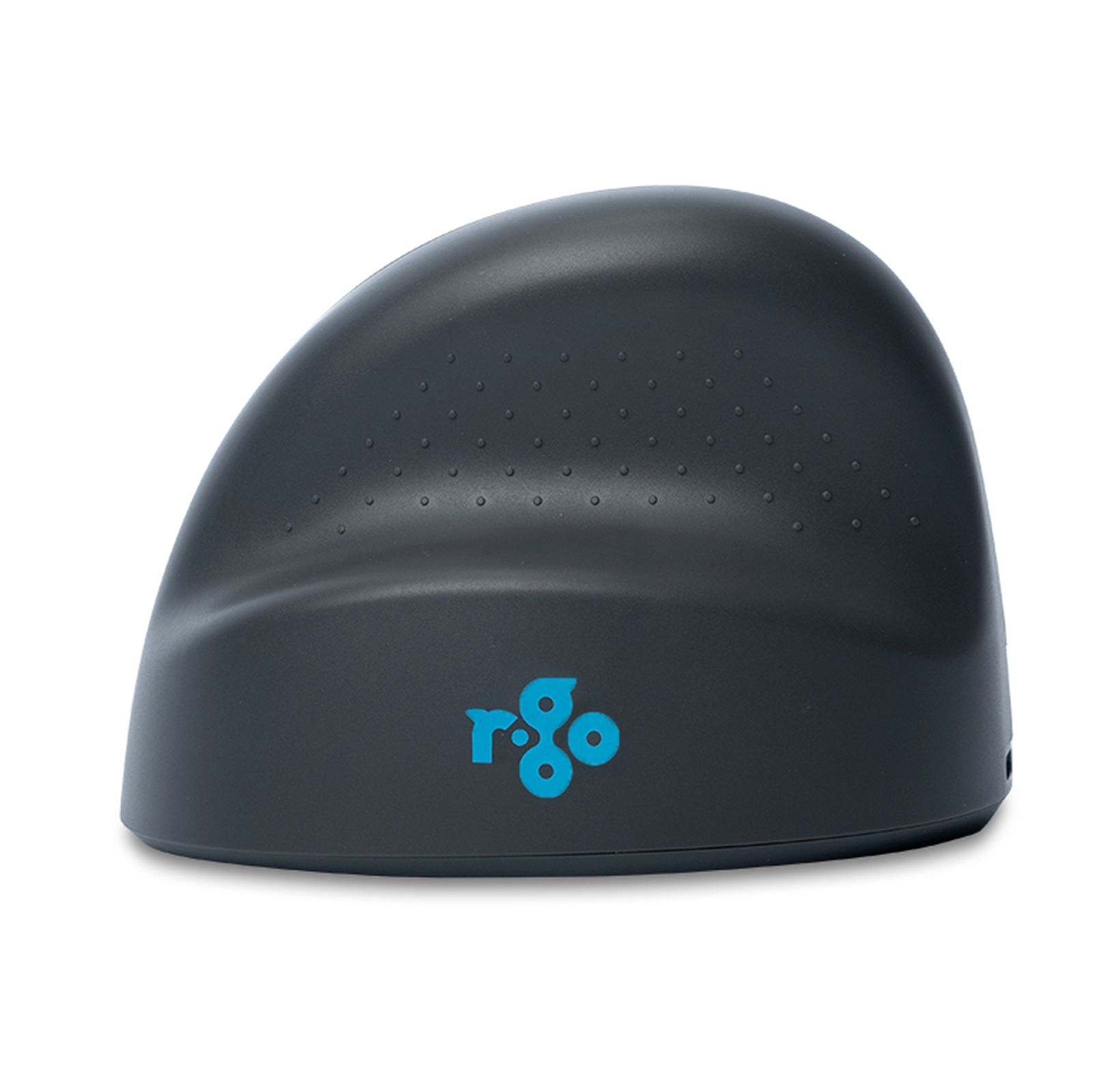 Eine schwarze ergonomische Maus mit blauem Logo auf weißem Grund.