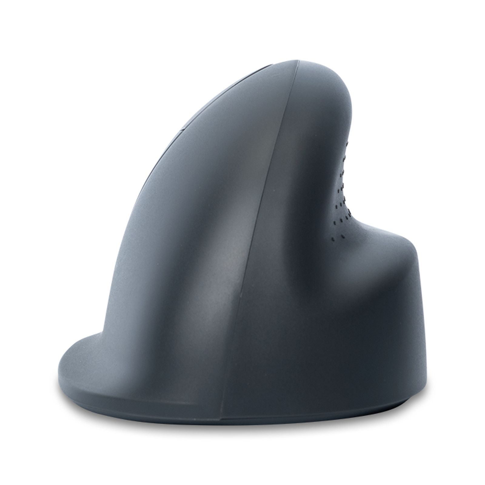 Eine schwarze, vertikale Ergonomiemaus steht vor weißem Hintergrund.