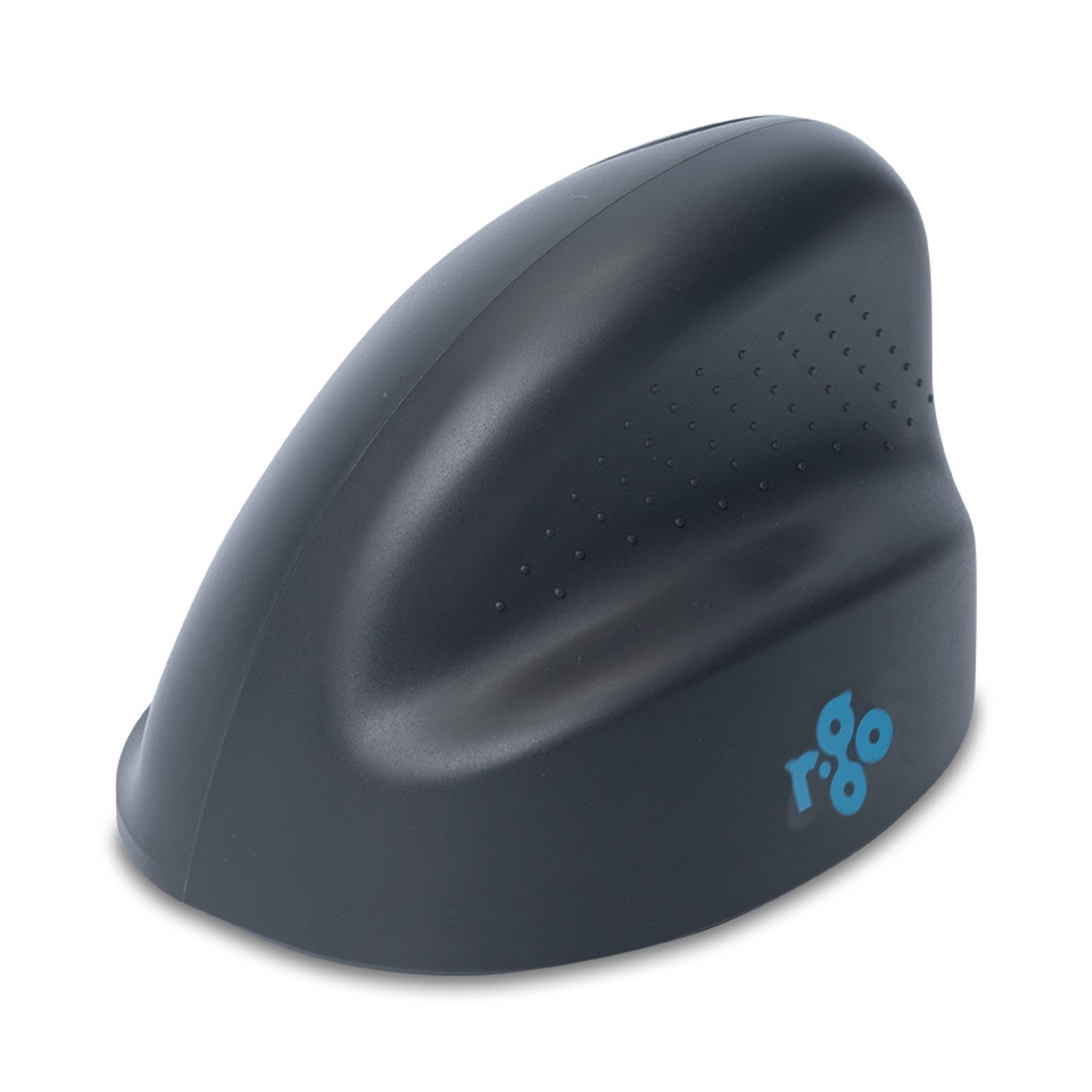 Eine schwarze ergonomische vertikale Computermaus mit einem blauen Logo vor weißem Hintergrund.