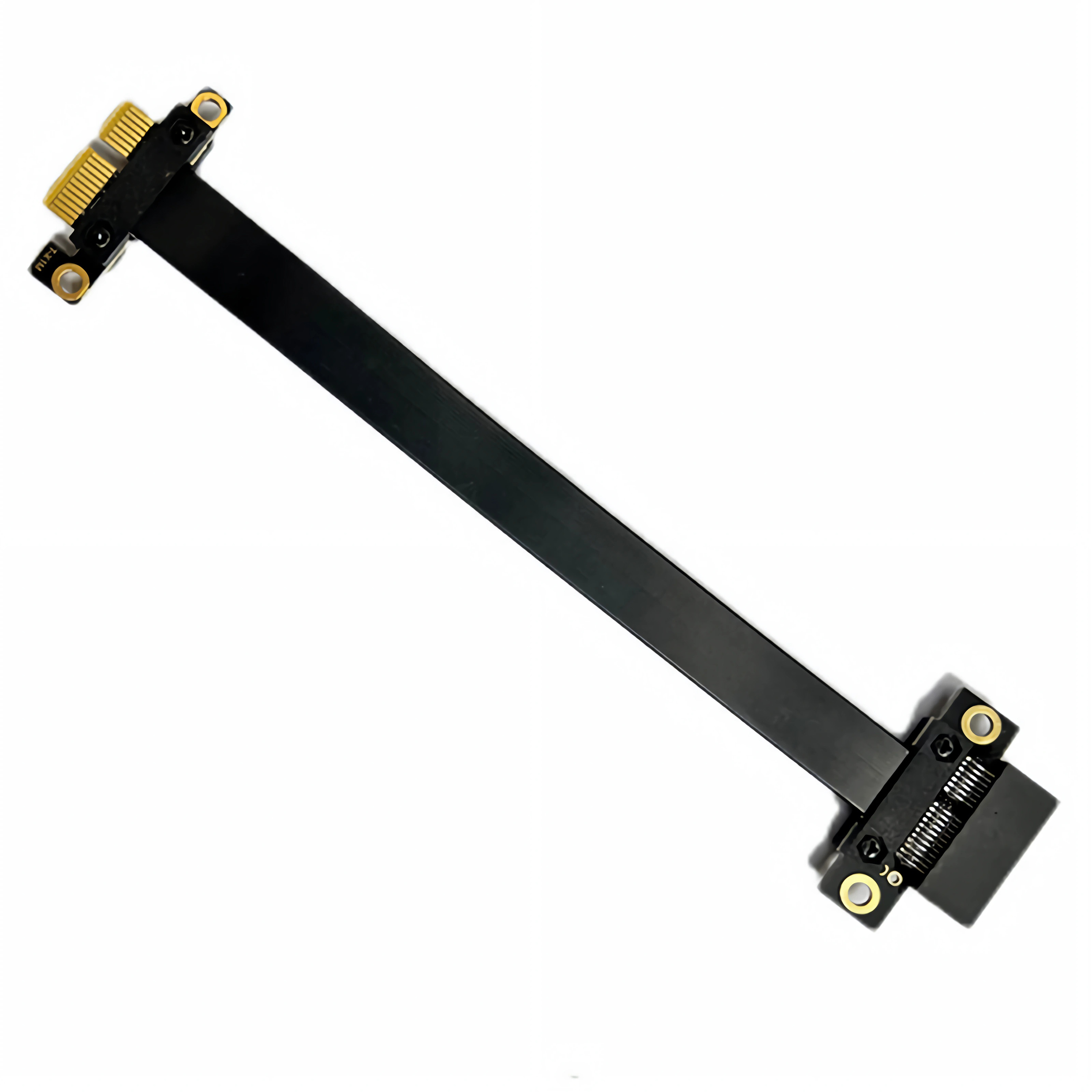 Ein schwarzes PCIe-Riser-Kabel mit goldenen Anschlüssen und Befestigungslöchern vor einem schlichten weißen Hintergrund.