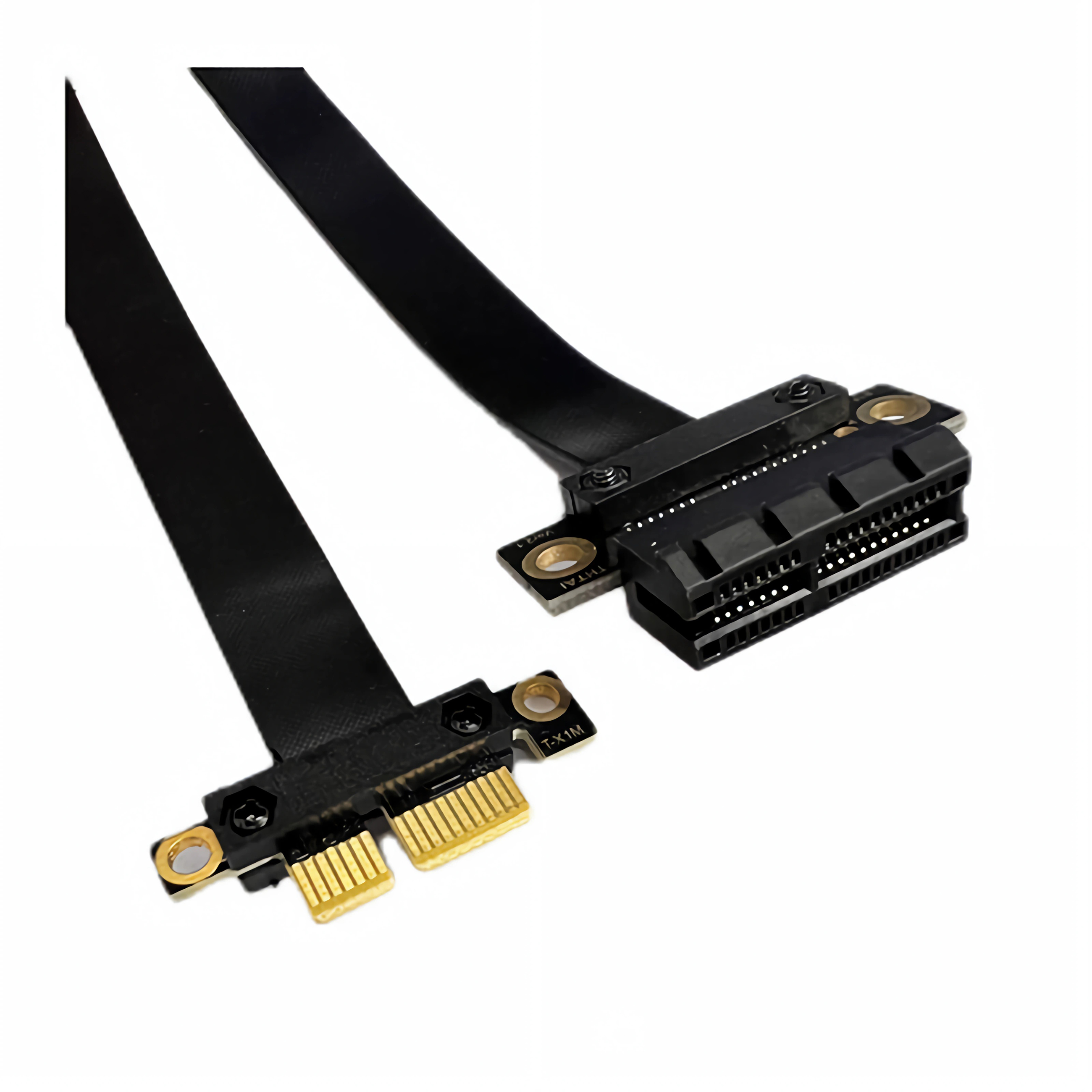 Zwei schwarze Flachbandkabel mit vergoldeten Anschlüssen vor weißem Hintergrund.