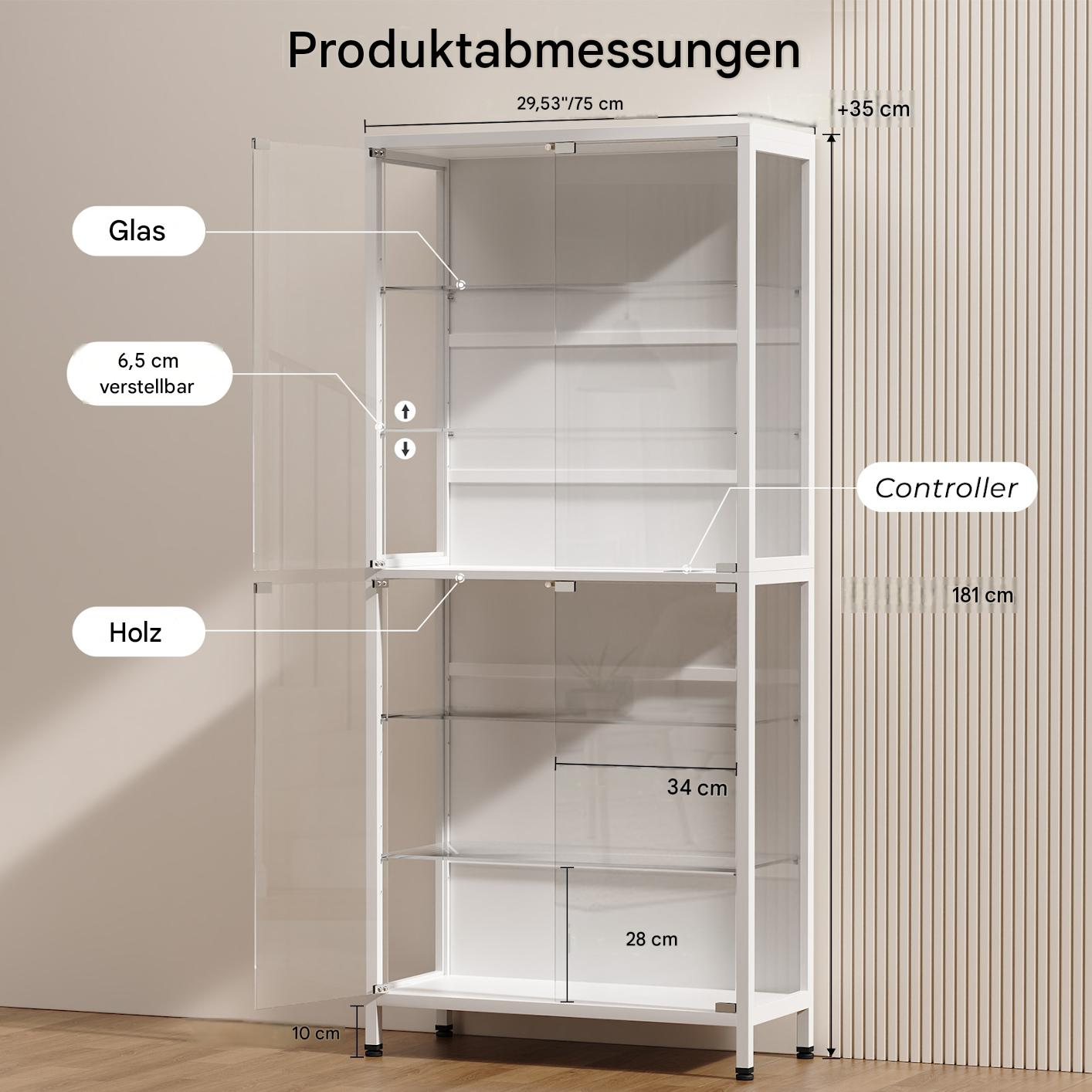 Technische Zeichnung mit den Produktabmessungen einer hohen, weißen Vitrine.
