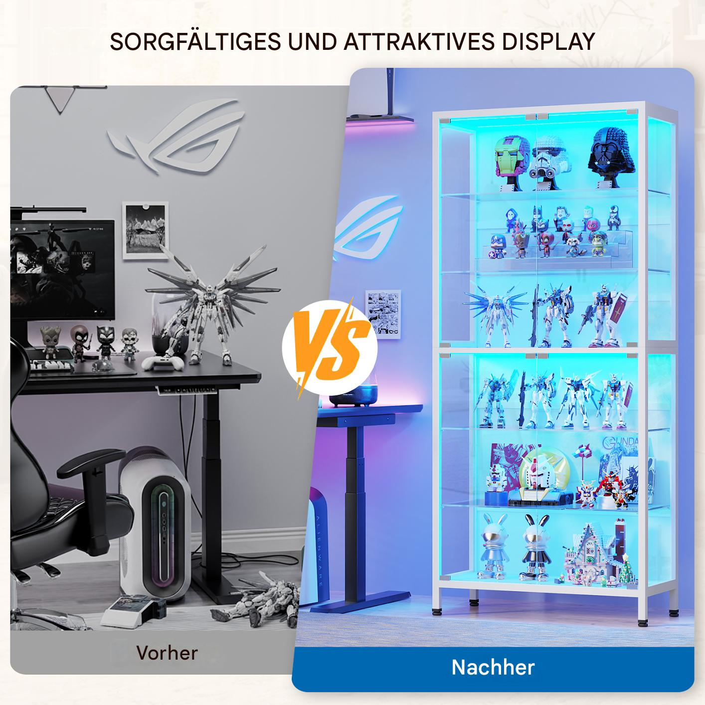 Vergleich zweier Gaming-Zimmer: Chaos auf dem Tisch links, eine aufgeräumte, beleuchtete Vitrine mit Figuren rechts.