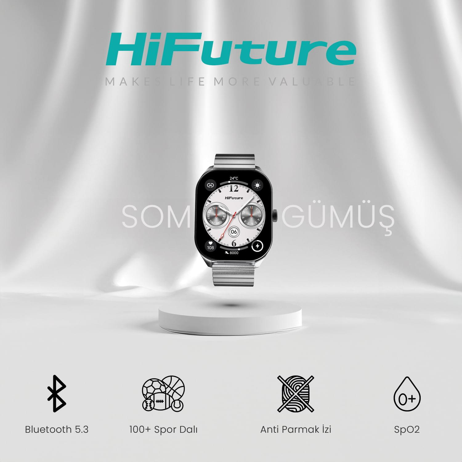 HiFuture smartwatch in silver on a pedestal with feature icons below against a draped white background.