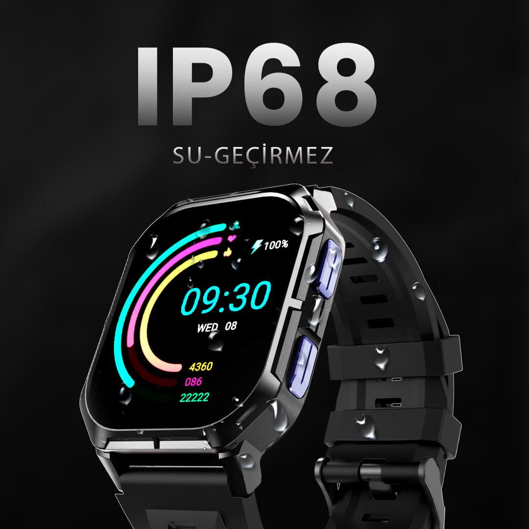 IP68 waterproof smartwatch with a black case and digital display against a dark background.
