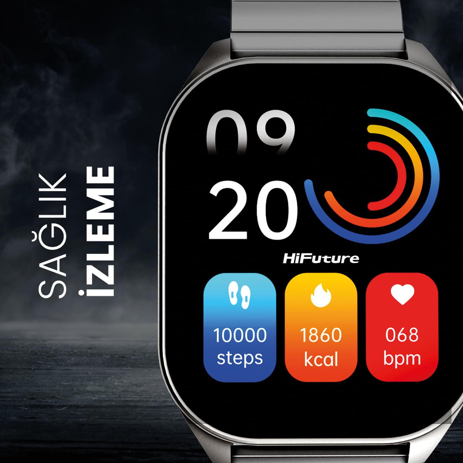 Smartwatch screen displays time, activity rings, steps, calories, and heart rate against a dark background.