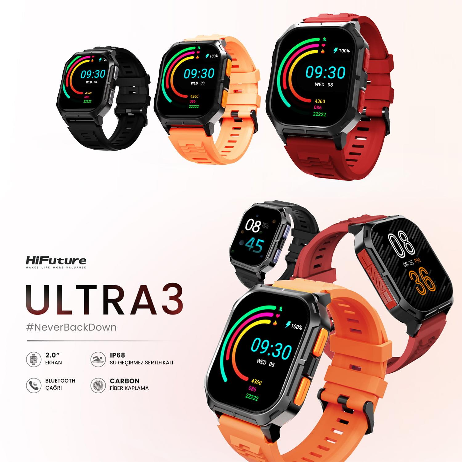 Reklama smartwatcha HiFuture Ultra 3 z czarnymi, pomarańczowymi i czerwonymi paskami oraz specyfikacją.