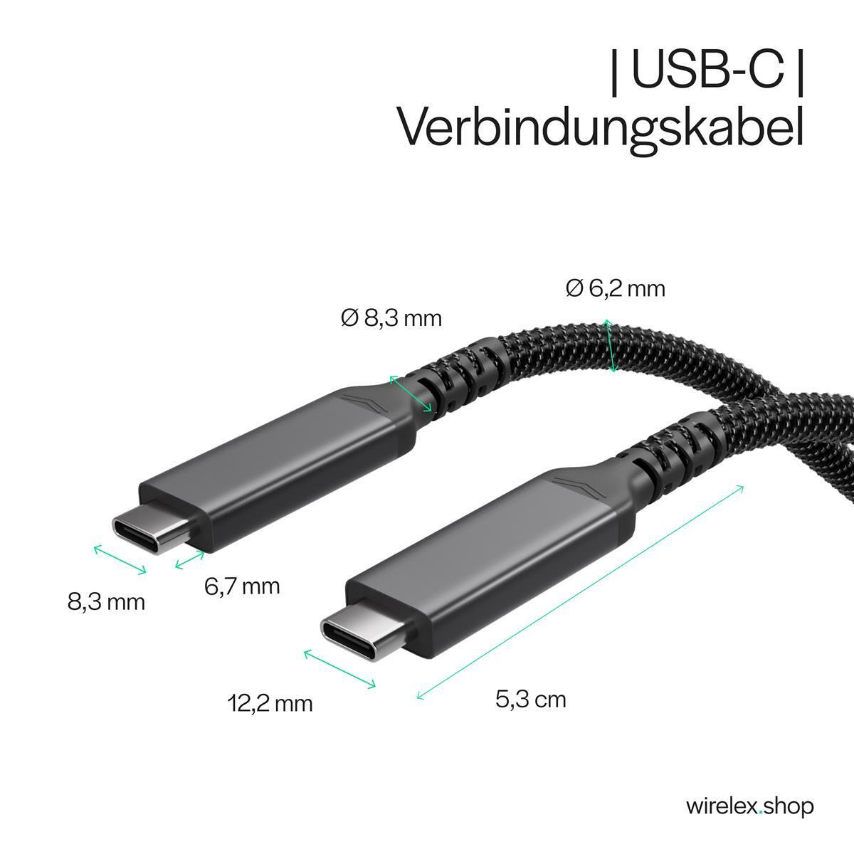 Diagramm zeigt Abmessungen eines USB-C-Verbindungskabels mit geflochtenem Mantel.